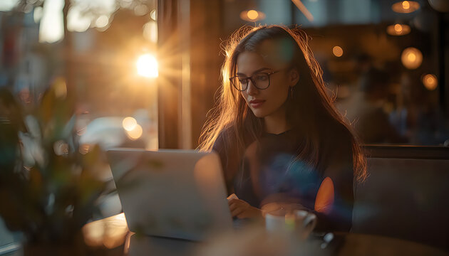 Young woman wearing glasses works on laptop in sunlit cafe during golden hour.