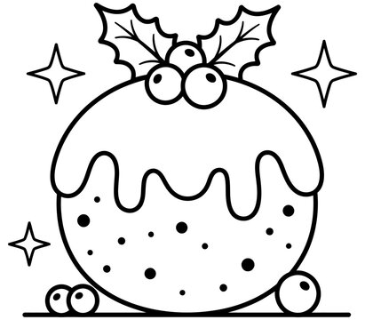 Black and white line art illustration of a festive christmas pudding decorated with holly and sparkling stars