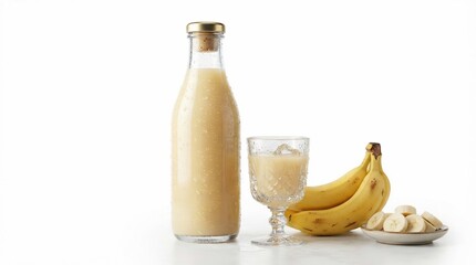 Creamy banana drink and fresh fruit isolated on white background