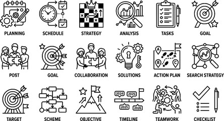 Fototapeta premium Action Plan Line Icons Set - Vector Strategy, Planning, Goals, and Task Symbols