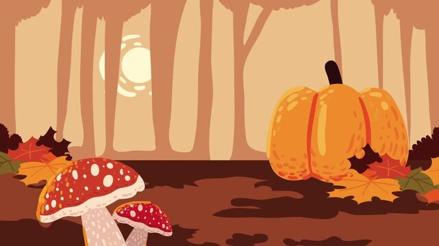 Autumn forest with fallen leaves, mushrooms, and pumpkin during fall season, animated nature scene.