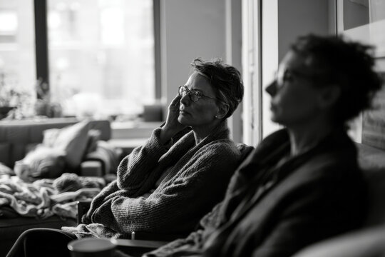 Two women engaged in a moment of pensive reflection in a serene sitting room, emphasizing the bonds of friendship and shared experiences amidst quiet ambiance.