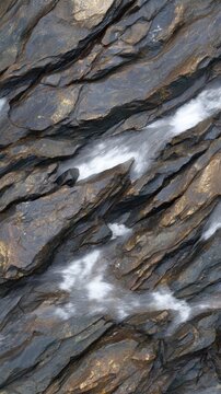 A textured rocky surface with flowing water highlights, showcasing natural geological layers