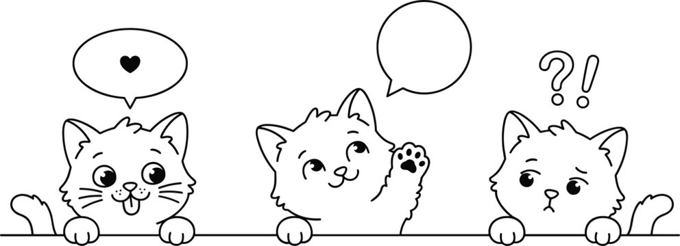Cute Peeking Cat Line Art Vector Illustration Set Featuring Cartoon Kittens with Chat Bubbles Showing Love Happy and Confused Expressions