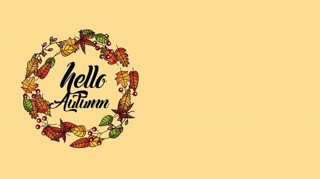 Hello autumn lettering animation within colorful falling leaf wreath on yellow background with copy space.