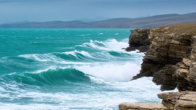 A rugged coastline with crashing waves, surrounded by lush green hills under a moody sky