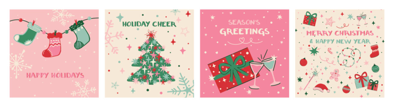 Hand-Drawn Christmas Square Card Vector Set