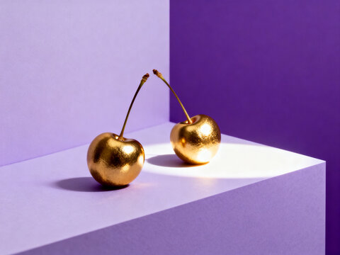 Golden cherry fruits on reflective surface with vibrant purple gradient background