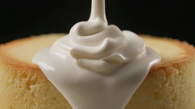 Macro video of cream being drizzled onto a freshly cut butter cake with intense studio contrast, high key lighting, and detailed textures of cake fibers absorbing the cream