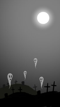 Spooky Graveyard with Flying Ghosts and Full Moon Halloween Night Background