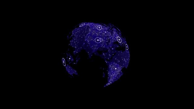 Rotate Blue World Map Loop. This animated World map with visual effects and flying glowing 