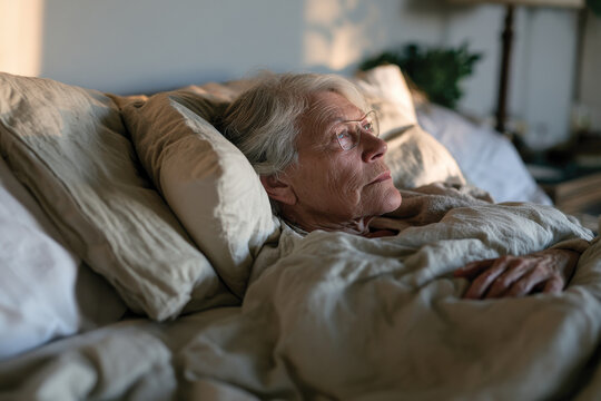 An elderly woman rests in bed, staring thoughtfully out of the window, capturing a moment of contemplation and tranquility in a cozy, homey environment.