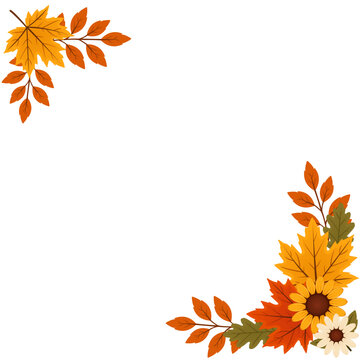 Autumn Floral Corner with Sunflower and Orange Leaves Vector Illustration