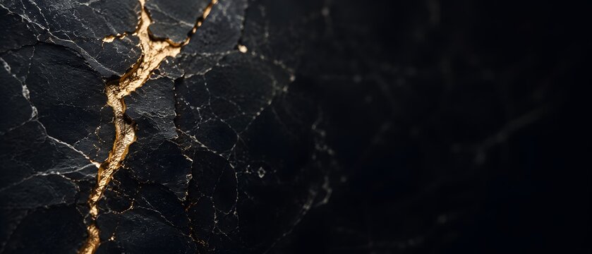 Macro close up of abstract black marble stone texture with glowing liquid gold kintsugi crack vein, premium luxury interior design and elite corporate branding background with dark copy space
