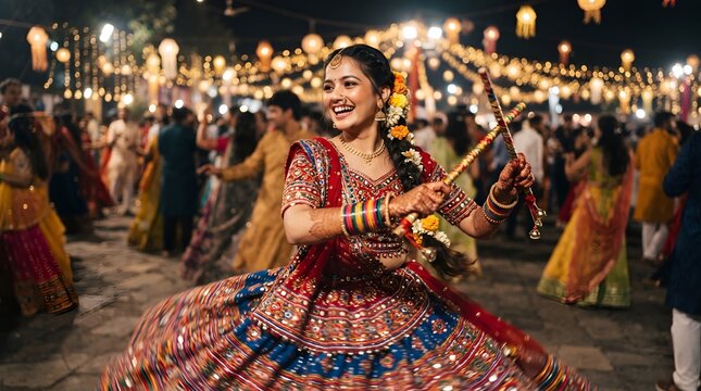 Joyful indian woman dancing garba with dandiya sticks at a festive night event
