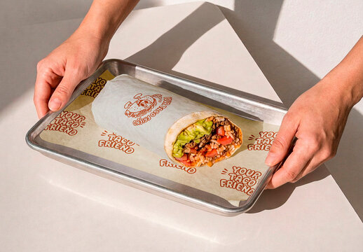 Hands Holding Burrito Serving Tray Mockup