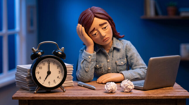 Exhausted woman resting head on hand near alarm clock and laptop working late at desk, 3D render clay illustration.