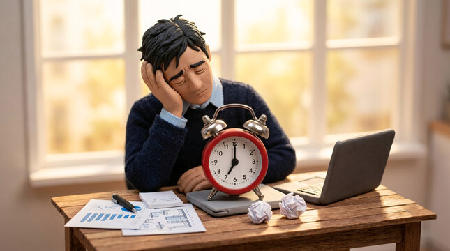 Exhausted man resting head on hand beside vintage alarm clock at desk, 3D render miniature clay illustration in office setting.