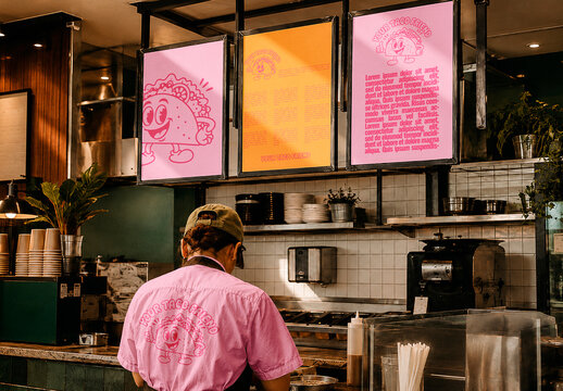 Three Restaurant Menu Board and Uniform Mockup