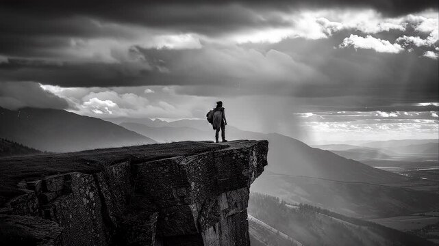 A lone hiker stands on the edge of a mountain cliff overlooking a dramatic storm landscape.