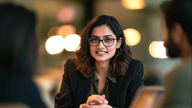 Indian HR officer conducting a professional performance review meeting with an employee, seated across a modern office desk, HR manager providing constructive feedback while the employee listens atten