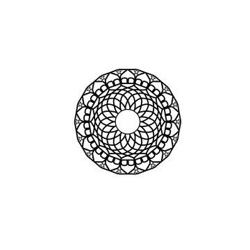 Intricate mandala vector illustration, black circular geometric pattern, ornamental floral line art for coloring and design