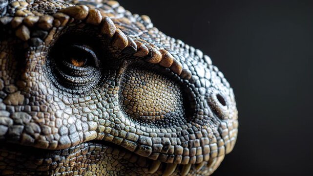 Close up portrait of a fierce prehistoric dinosaur head with detailed textured skin.
