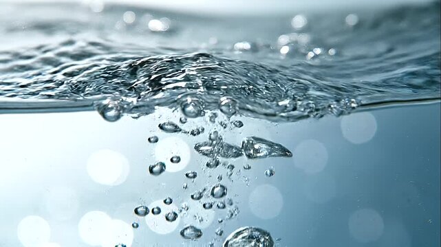 Macro close-up of crystal-clear water in dynamic motion, multiple suspended air bubbles of various sizes drifting beneath the transparent surface, tiny bubbles rising in different directions, fluid ri