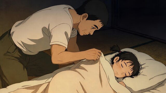 Gentle Father Tucking Sleeping Daughter: Heartwarming Family Moment Art