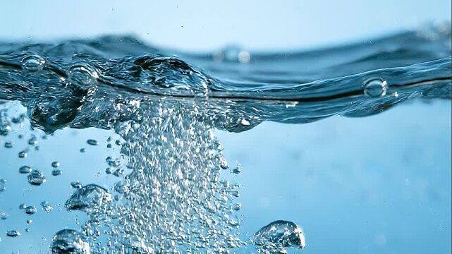 Macro close-up of crystal-clear water in dynamic motion, multiple suspended air bubbles of various sizes drifting beneath the transparent surface, tiny bubbles rising in different directions, fluid ri