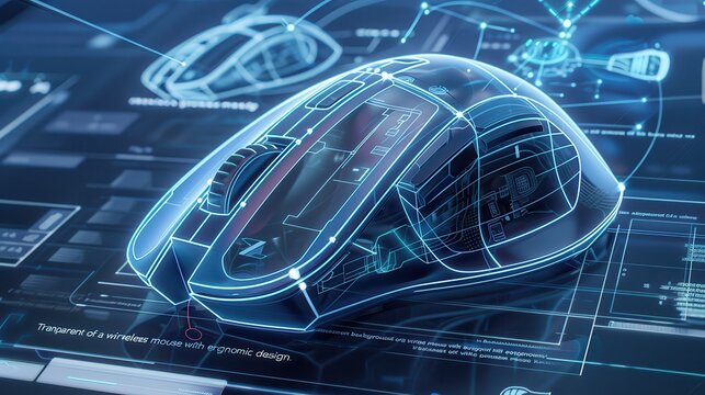 Computer mouse design concept displays a glowing blue wireframe model on a technical blueprint background.