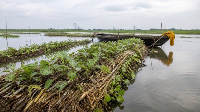 Traditional floating garden, green vegetable crops on organic beds, wooden boat on calm water, rural agriculture in tropical wetland
