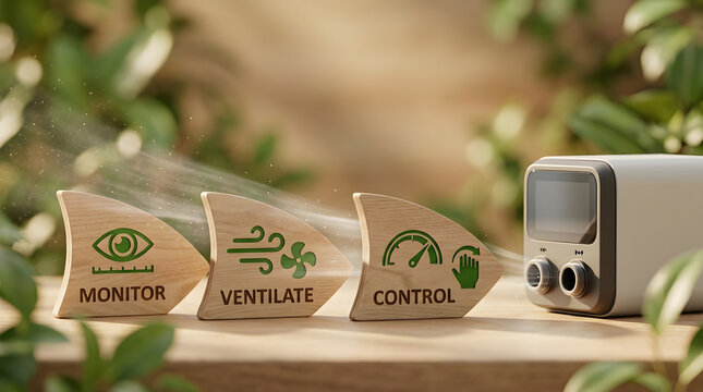 Air quality, monitor and ventilate for healthy living with wooden blocks and smart device. Control, environment and oxygen with plant background for indoor climate, wellness and home technology