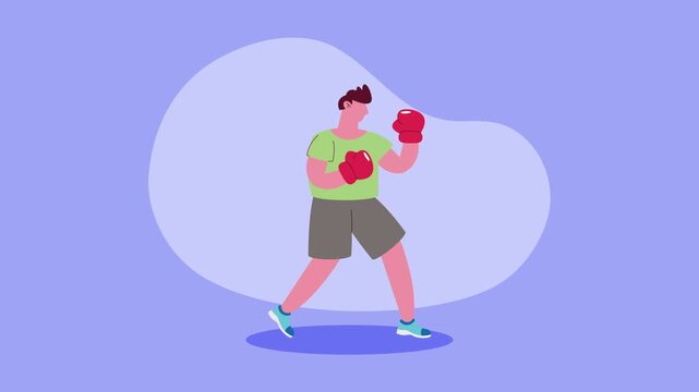 Flat vector animation of young boxer training with red gloves against purple background.