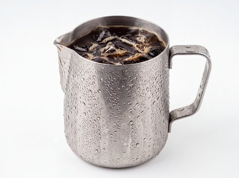 Iced Coffee in Stainless Steel Frothing Pitcher with Condensation