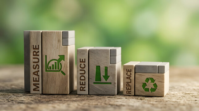 Carbon footprint management, sustainability and green business with measure, reduce and replace on wooden blocks. ESG goals, environmental protection and ecology for corporate responsibility.