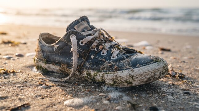 Discarded Old Dirty Fabric Sneaker Washed Up on Sandy Ocean Shoreline at Sunset Environmental Pollution Concept