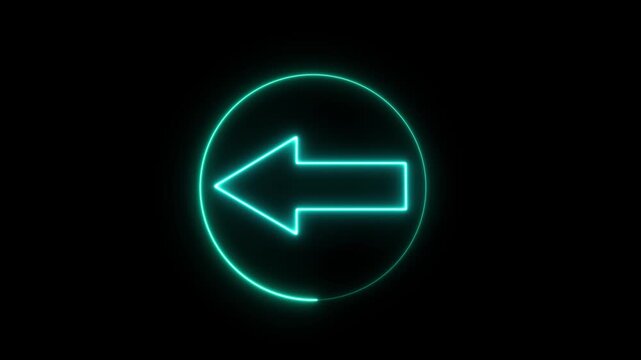 Glowing neon left arrow animated in a circular frame, vibrant cyan light effect on black background, digital signage for user interface modern tech motion asset