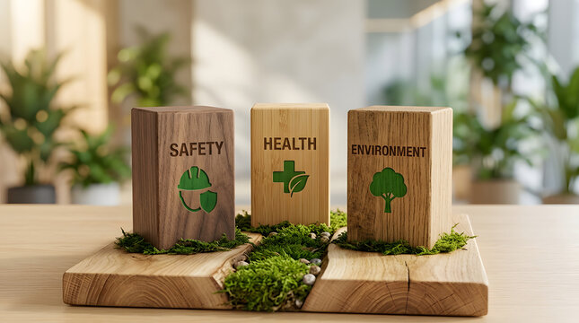 Safety, health and environment blocks for corporate responsibility, sustainability and EHS management. Workplace wellness, industrial protection and ecology on wood with plant background office