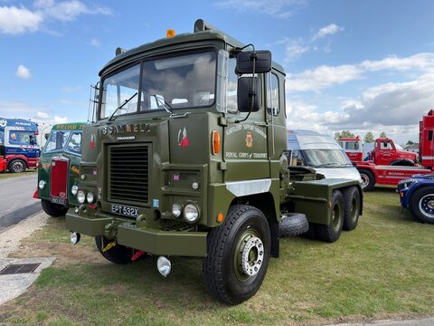 A 1982 Scammell Crusader 6x4 tractor unit. Orginally serving the the RAF, now showing as 6 Artillery Support Squadron. Harrogate, Yorkshire, England, UK. August 2 2026. 