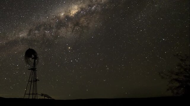 Milky Way Galactic Center moving behind farm windmill