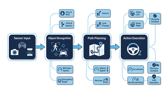 Autonomous vehicle navigation system flow chart featuring sensor input to action execution.