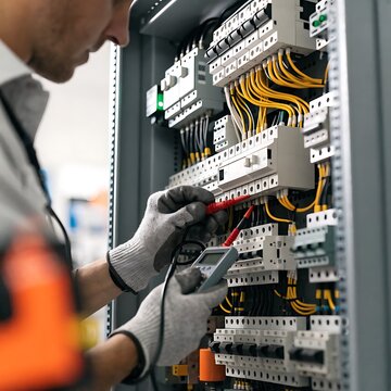 Professional electrician testing electrical panel with multimeter in industrial facility