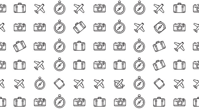 Seamless travel icons pattern background. Luggage, airplane, camera and compass navigation symbols. Vector outline doodle design for packaging and textile fabric.