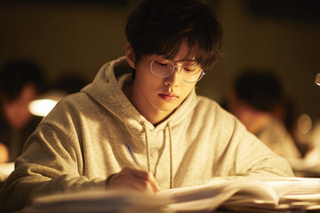 Obraz premium Suneung Exam Preparation Concept with Tired Student in Classroom
