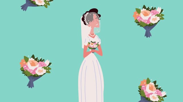 Animation of happy bride in wedding dress holding flowers against turquoise background with falling bouquets.