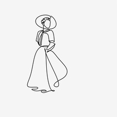 Fototapeta premium Elegant Woman Wearing Dress Line Art Illustration, Fashion Model Outline Drawing, Feminine Luxury Couture Style, Minimalist Fashion Design