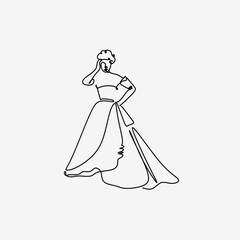 Fototapeta premium Elegant Woman Wearing Dress Line Art Illustration, Fashion Model Outline Drawing, Feminine Luxury Couture Style, Minimalist Fashion Design