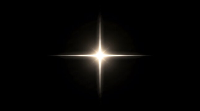 Glowing lens flare star on black background, bright light effect with cross rays, luminous sparkle for cinematic design overlay