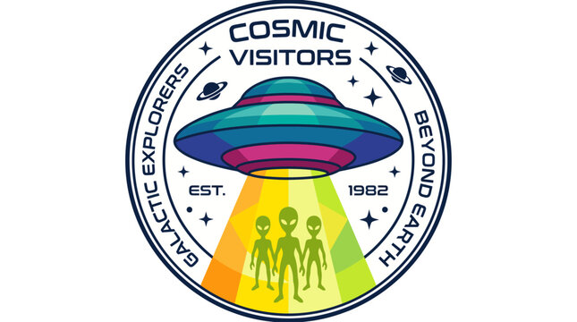 A captivating logo design showcasing an alien spaceship beaming down extraterrestrial beings, symbolizing cosmic exploration and the mystery of the universe.